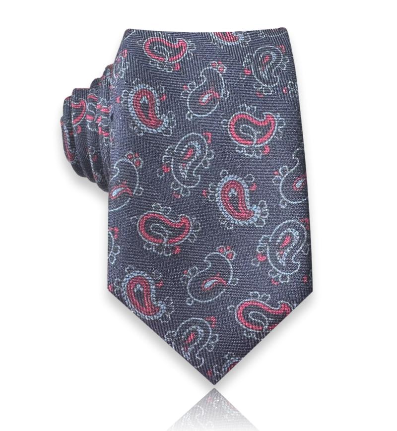 Premium ručno rađena svilena uska kravata tamnoplave boje sa bordo paisley dezenom širine 5 cm.